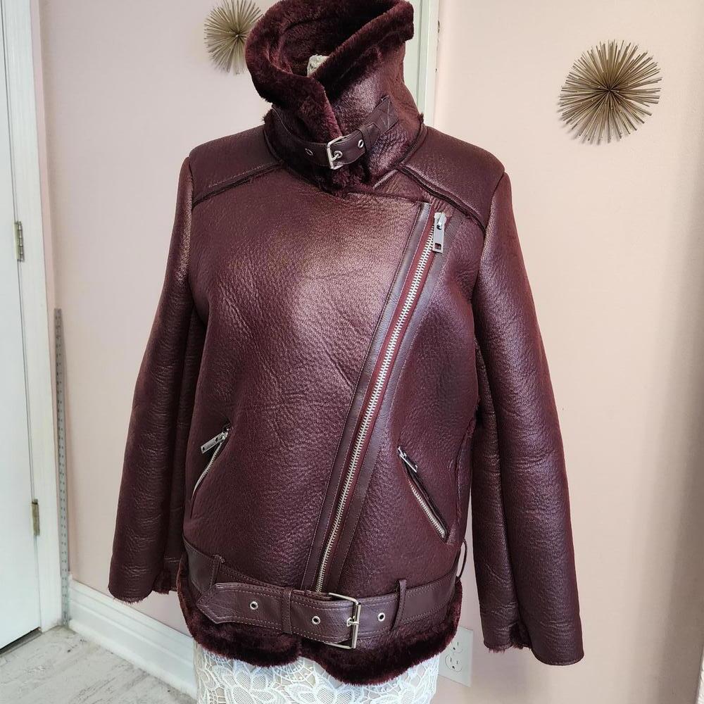 LKNW Burgundy Oxblood Ly Varey Lin coat unqiue fur belted warm M